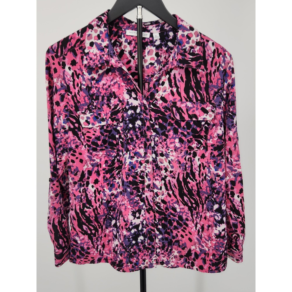 Notations Petite Pink Purple Abstract Animal Print Button Up Blouse Size PL